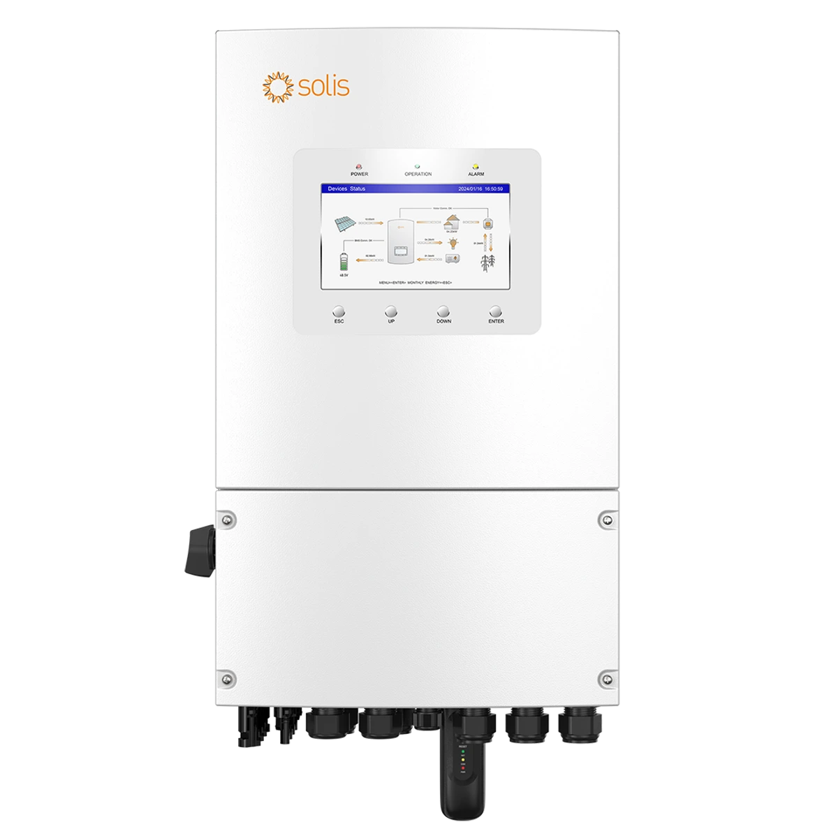 Solis S6-EH1P5K-L-PLUS 5kW hybrid inverter, front view with display